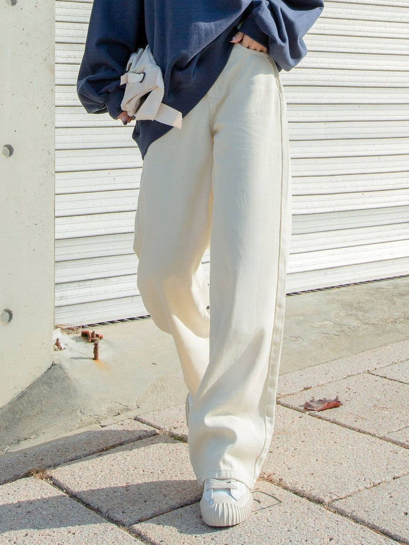 Women’s High Rise Wide Leg Jeans – Minimalist Cream Beige Baggy Denim