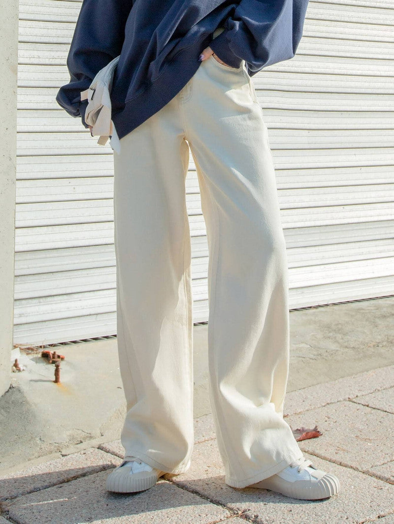 Women’s High Rise Wide Leg Jeans – Minimalist Cream Beige Baggy Denim