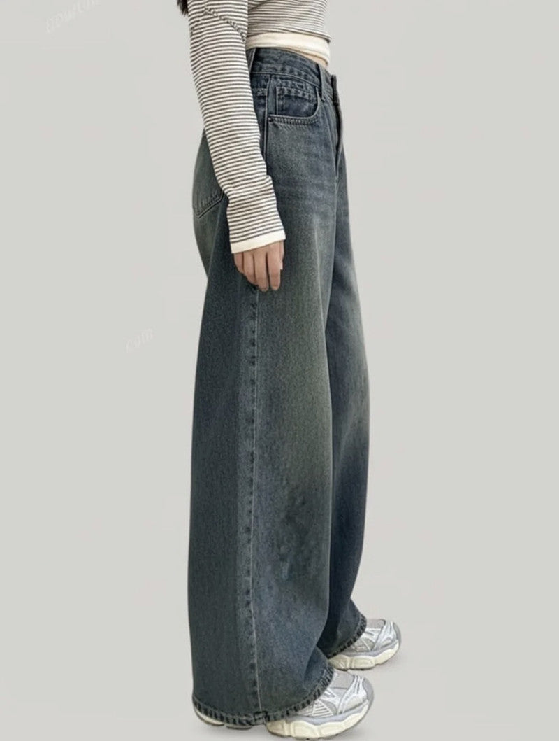 Women’s High Rise Baggy Fit Jeans – Vintage Green Acid Wash Denim