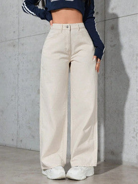 Women’s High Rise Wide Leg Jeans – Minimalist Cream Beige Baggy Denim