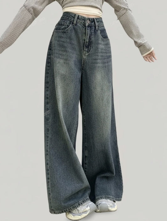 Women’s High Rise Baggy Fit Jeans – Vintage Green Acid Wash Denim