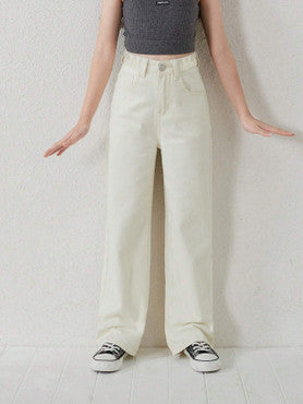 Women’s High Rise Wide Leg Jeans – Minimalist Cream Beige Baggy Denim