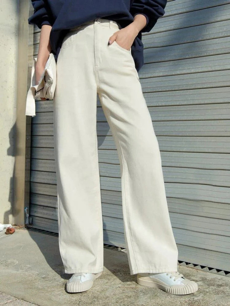 Women’s High Rise Wide Leg Jeans – Minimalist Cream Beige Baggy Denim