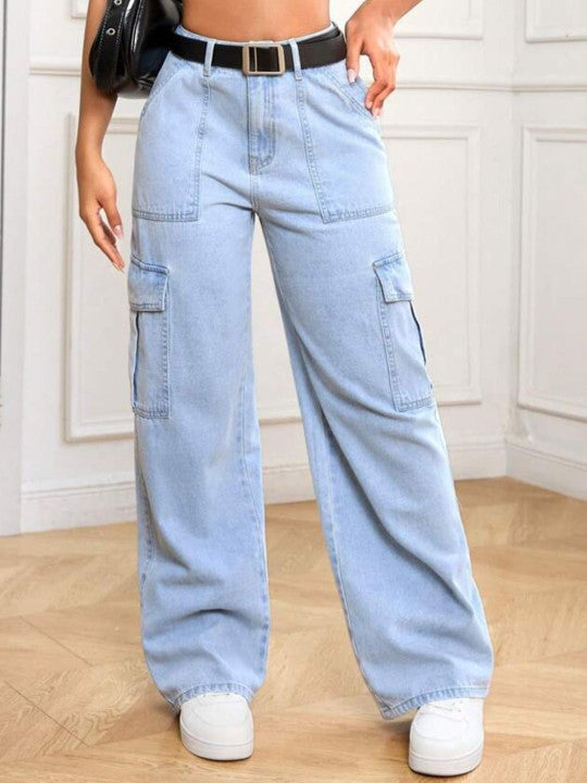 Women Pure Cotton High-Rise Wide-Leg Cargo Styles Jeans