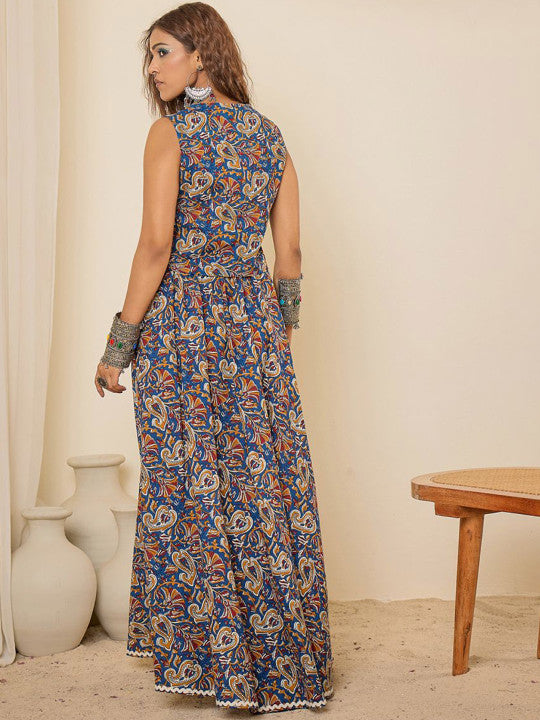 Women Pure Cotton Indie Floral Print V-Neck Waistcoat & Flared Skirt Co-ord Set