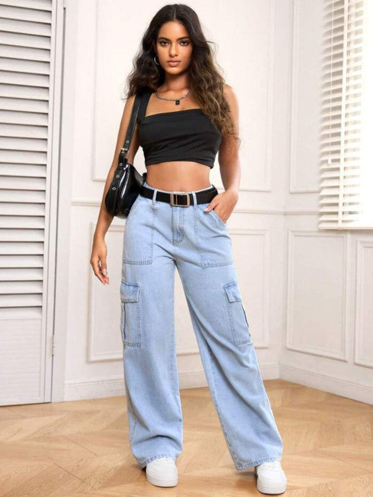 Women Pure Cotton High-Rise Wide-Leg Cargo Styles Jeans