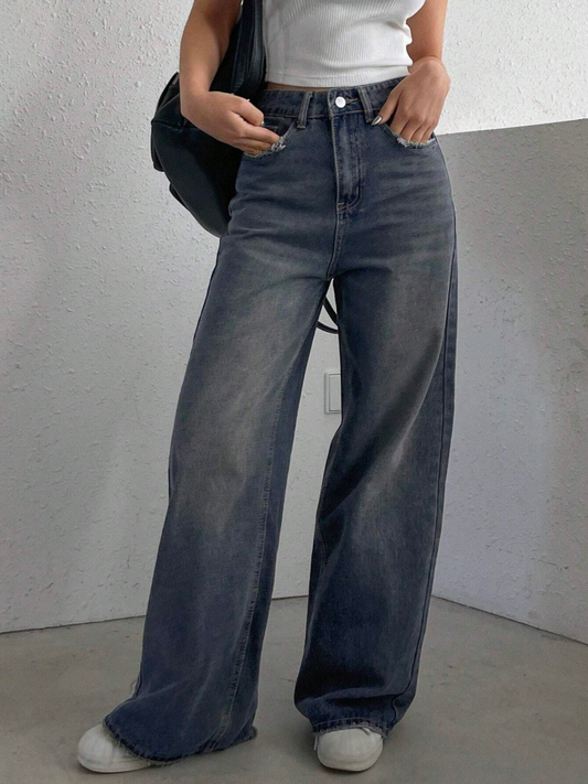 Women’s High Waist Baggy Jeans – Vintage Blue Frayed Pocket Denim