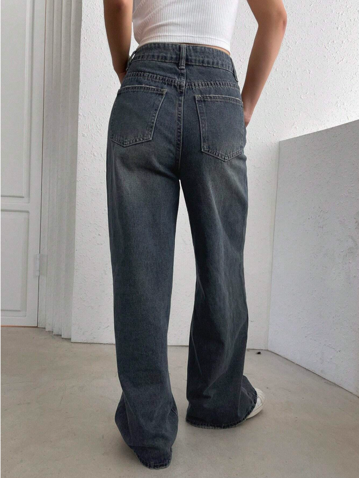 Women’s High Waist Baggy Jeans – Vintage Blue Frayed Pocket Denim