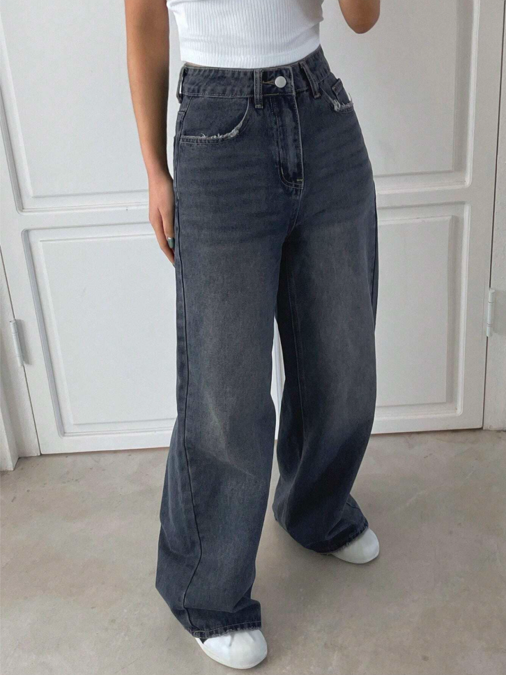 Women’s High Waist Baggy Jeans – Vintage Blue Frayed Pocket Denim