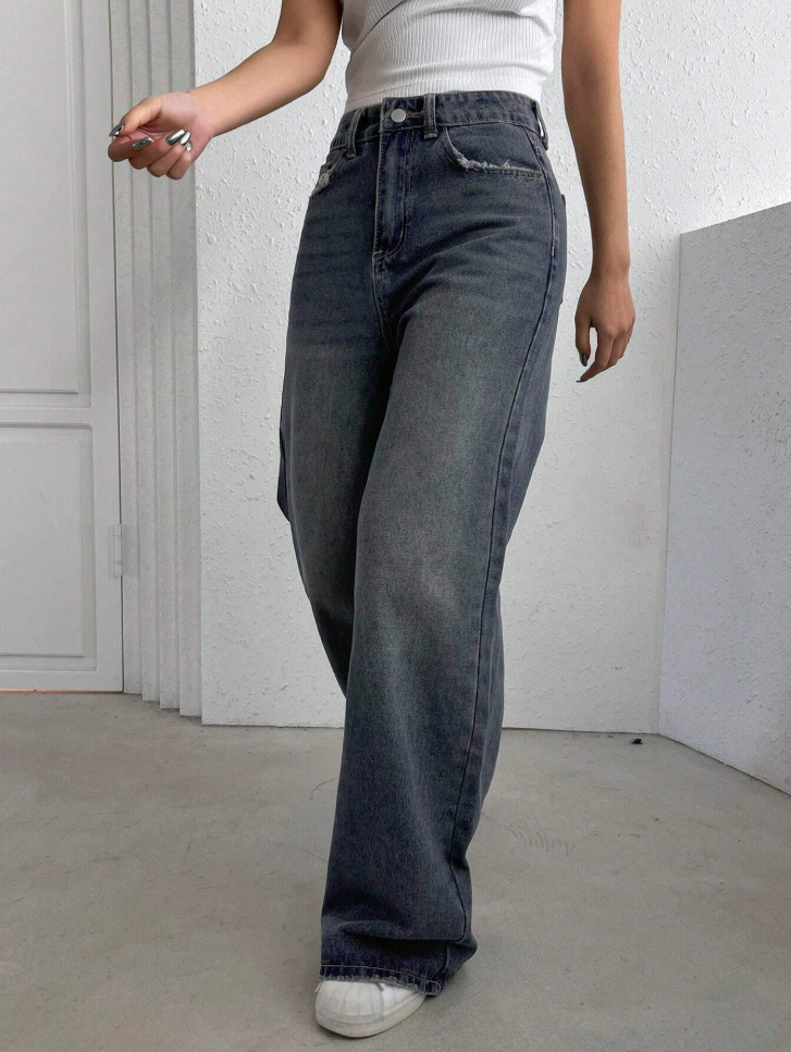 Women’s High Waist Baggy Jeans – Vintage Blue Frayed Pocket Denim
