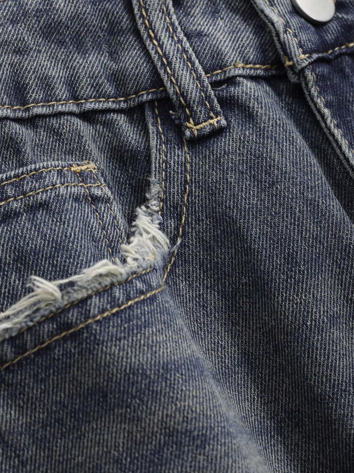 Women’s High Waist Baggy Jeans – Vintage Blue Frayed Pocket Denim