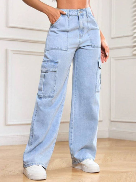 Women Pure Cotton High-Rise Wide-Leg Cargo Styles Jeans