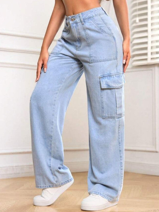 Women Pure Cotton High-Rise Wide-Leg Cargo Styles Jeans